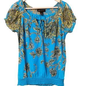 INC International Concepts Bohemian Teal With Yellow Floral Peasant Blouse